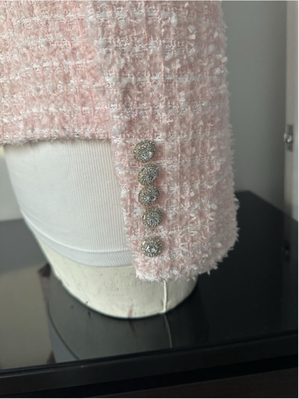 Women's Pink Tweed Jacket Strass &Pearl Size S/M - Picture 9 of 11